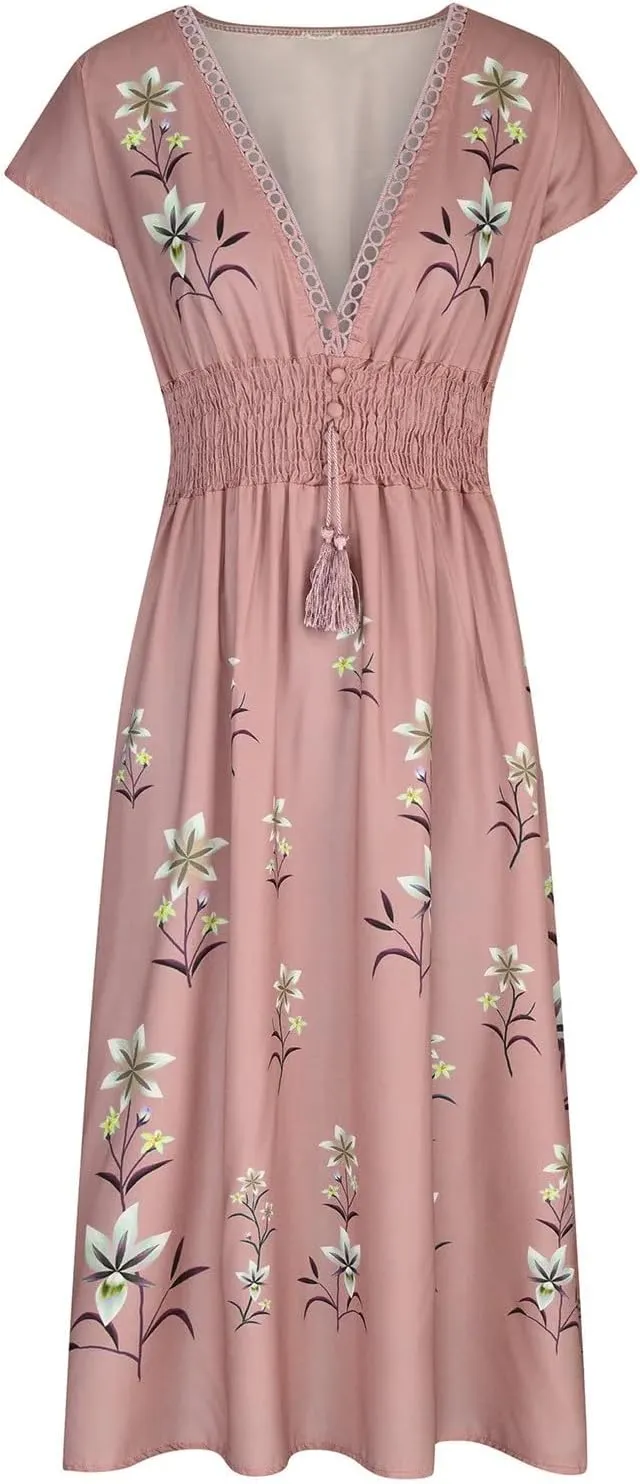 Women's Floral Maxi Dress Summer Beach Sundress Flowy Midi Boho Dresses Sleeveless V-Neck Waist Vacation Long Skirts
