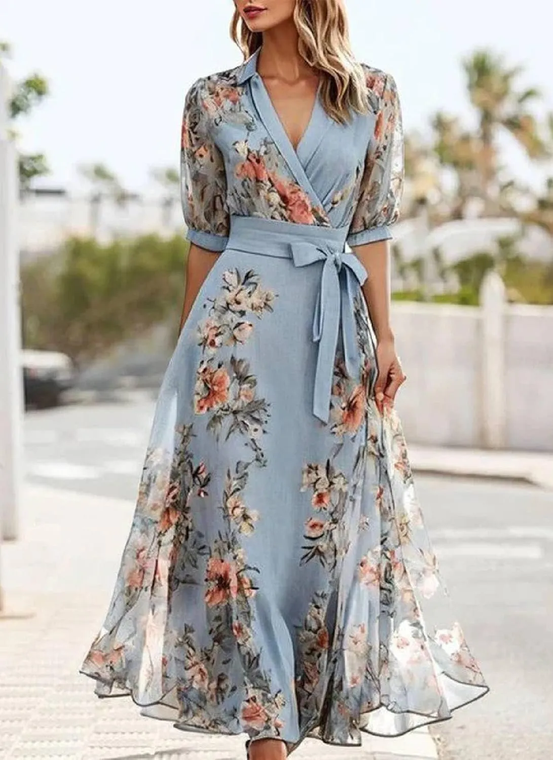Women's Flowy Ruffle Hem Dress Boho Floral Print Elegant Wrap Semi Sheer Short Sleeve Vacation Party Maxi Dresses