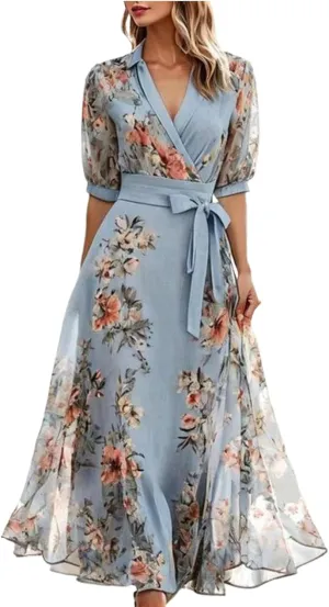Women's Flowy Ruffle Hem Dress Boho Floral Print Elegant Wrap Semi Sheer Short Sleeve Vacation Party Maxi Dresses