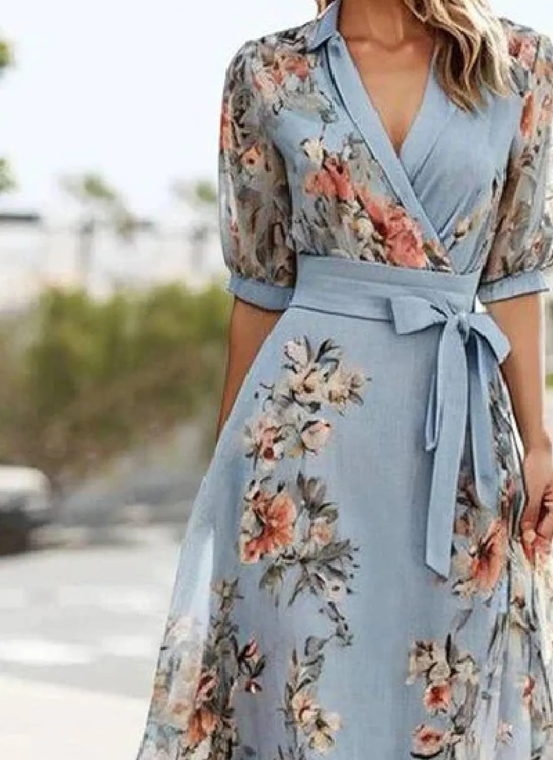 Women's Flowy Ruffle Hem Dress Boho Floral Print Elegant Wrap Semi Sheer Short Sleeve Vacation Party Maxi Dresses