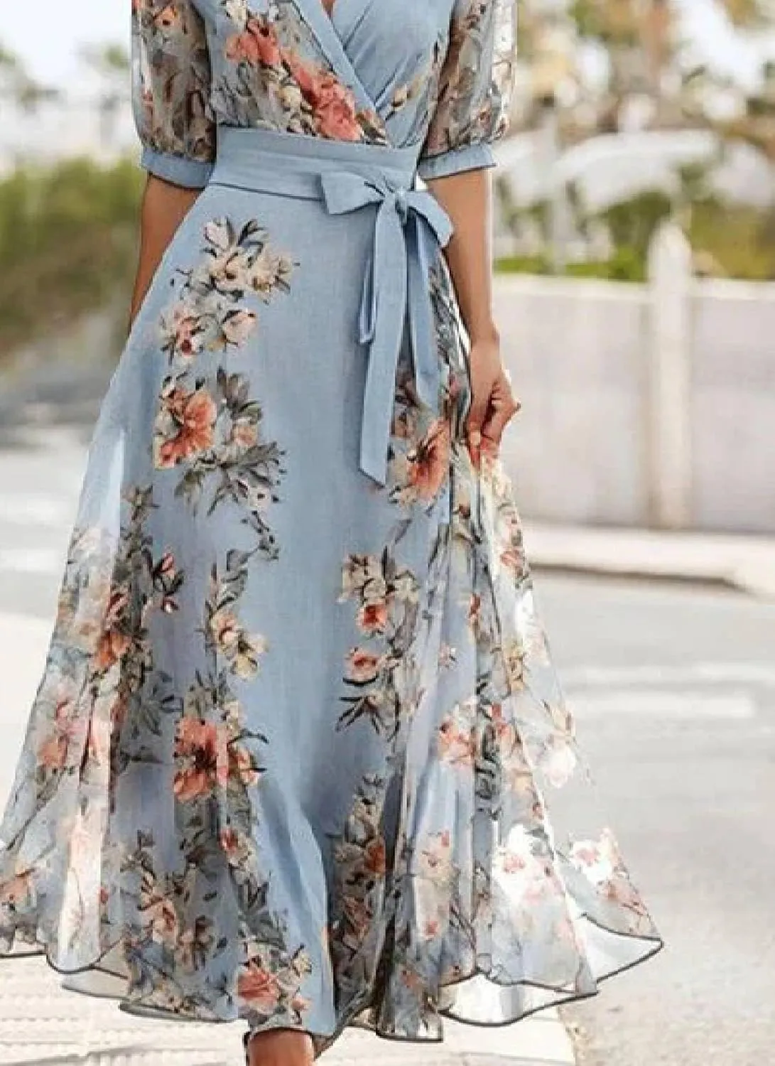 Women's Flowy Ruffle Hem Dress Boho Floral Print Elegant Wrap Semi Sheer Short Sleeve Vacation Party Maxi Dresses