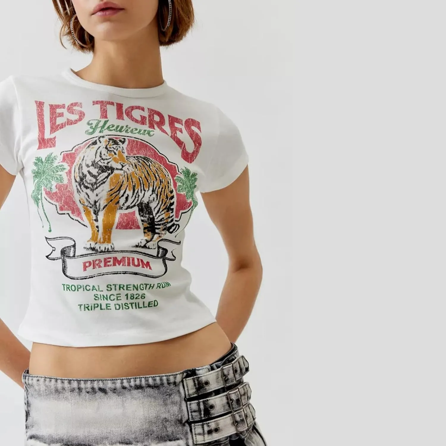 Womens Graphic Print Baby Tees Y2k Cute Tiger Slim Fitted Crop Tops Vintage Aesthetic T Shirts Teen Girl Clothes