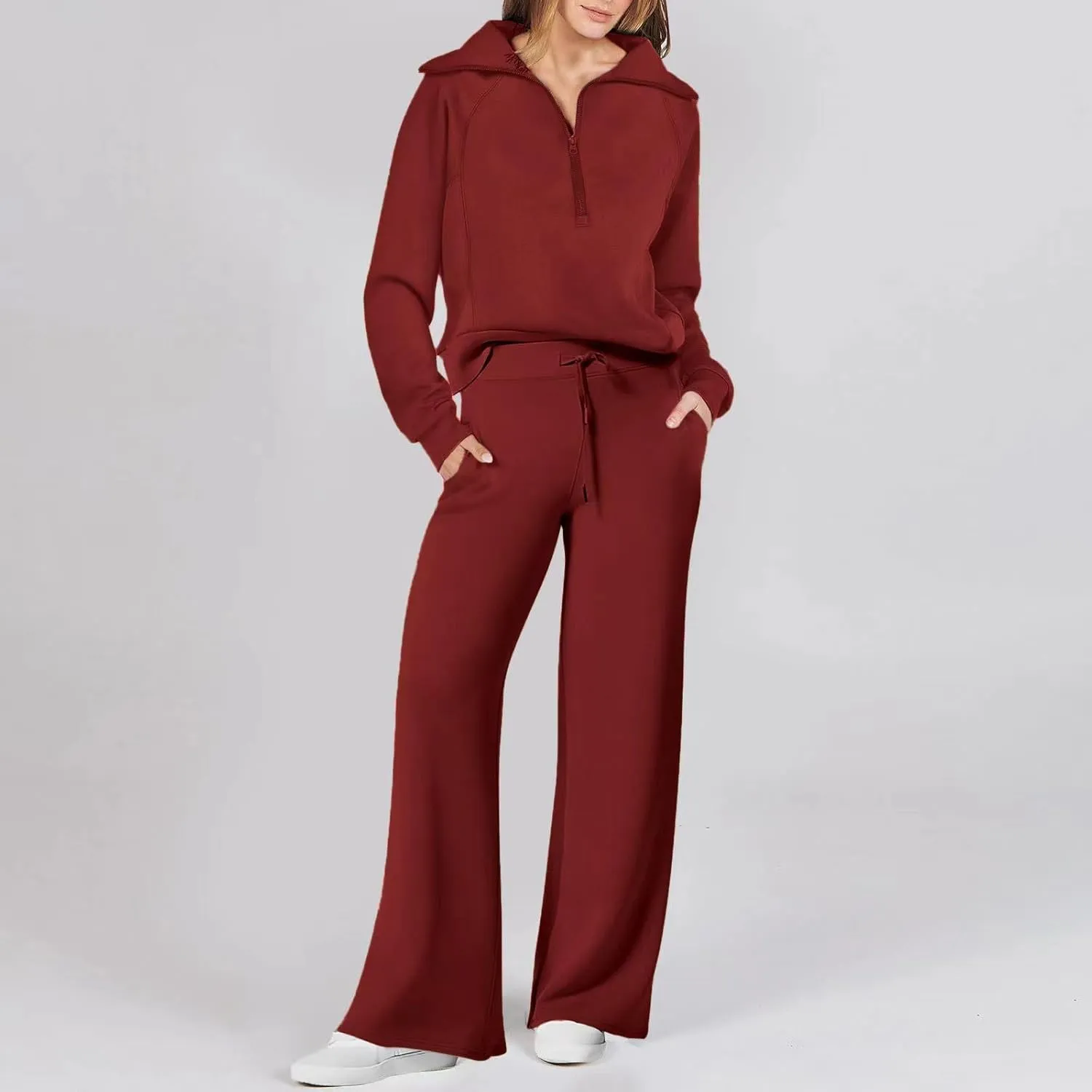 Womens Hooded 2 Piece Sweatsuit Set Trendy Half Zip Solid Tracksuit Outfits Outdoor Sports Casual Y2K Streetwear Sets
