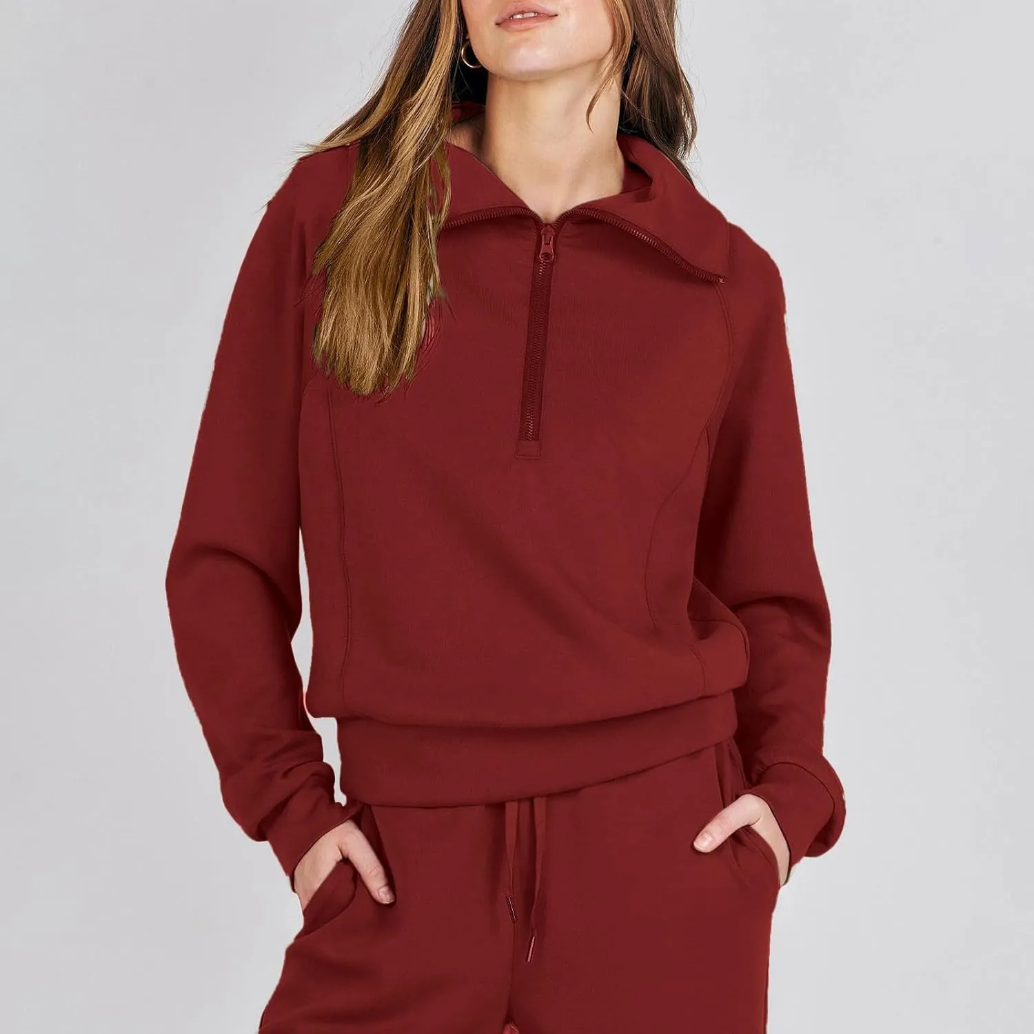 Womens Hooded 2 Piece Sweatsuit Set Trendy Half Zip Solid Tracksuit Outfits Outdoor Sports Casual Y2K Streetwear Sets