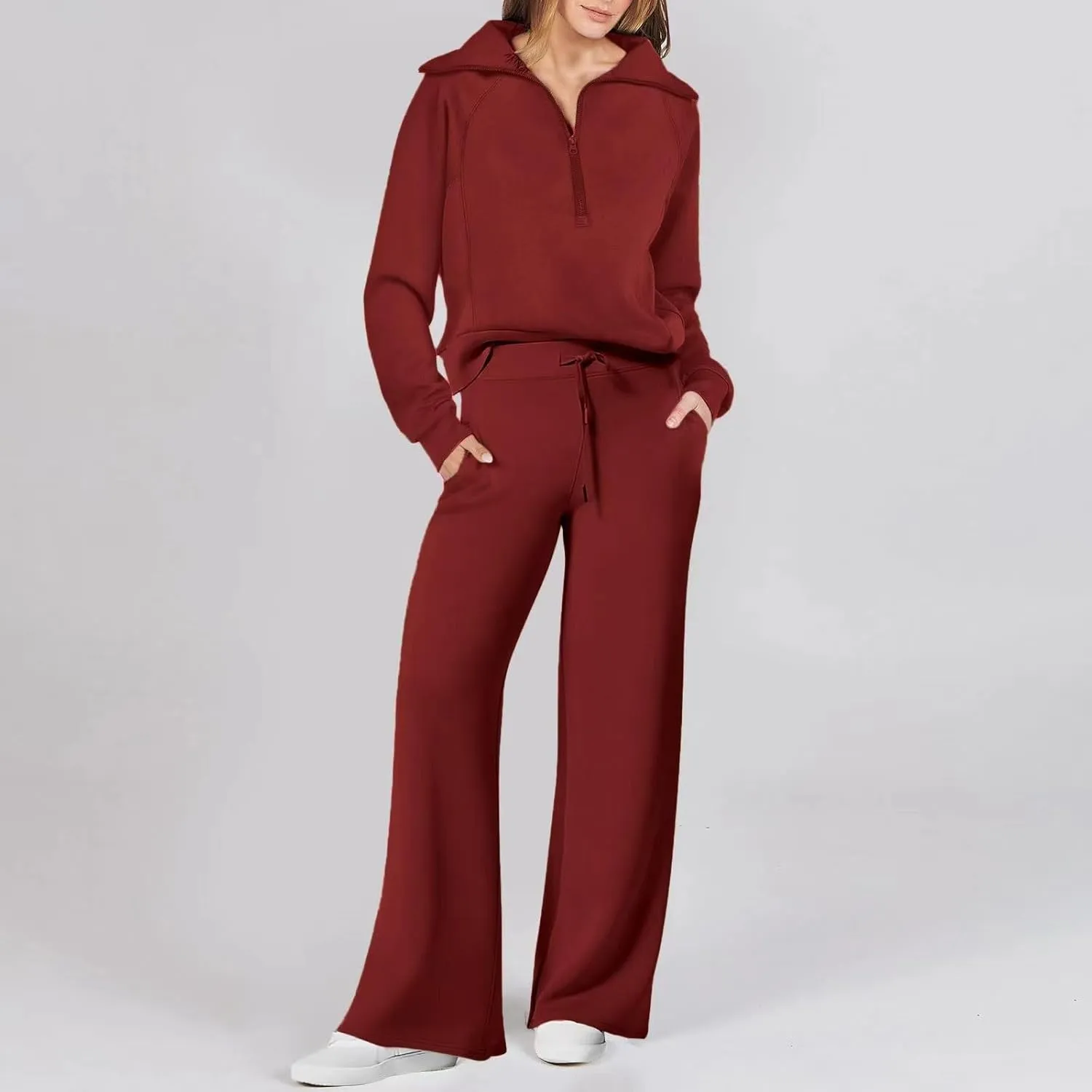 Womens Hooded 2 Piece Sweatsuit Set Trendy Half Zip Solid Tracksuit Outfits Outdoor Sports Casual Y2K Streetwear Sets