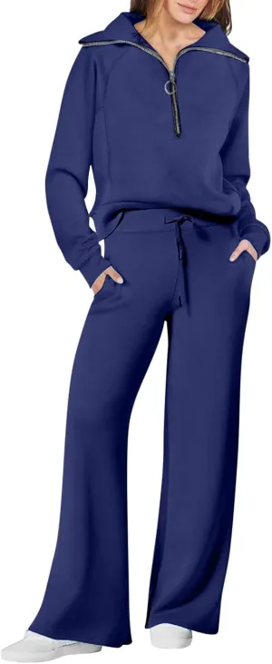 Womens Hooded 2 Piece Sweatsuit Set Trendy Half Zip Solid Tracksuit Outfits Outdoor Sports Casual Y2K Streetwear Sets