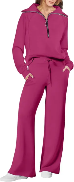 Womens Hooded 2 Piece Sweatsuit Set Trendy Half Zip Solid Tracksuit Outfits Outdoor Sports Casual Y2K Streetwear Sets