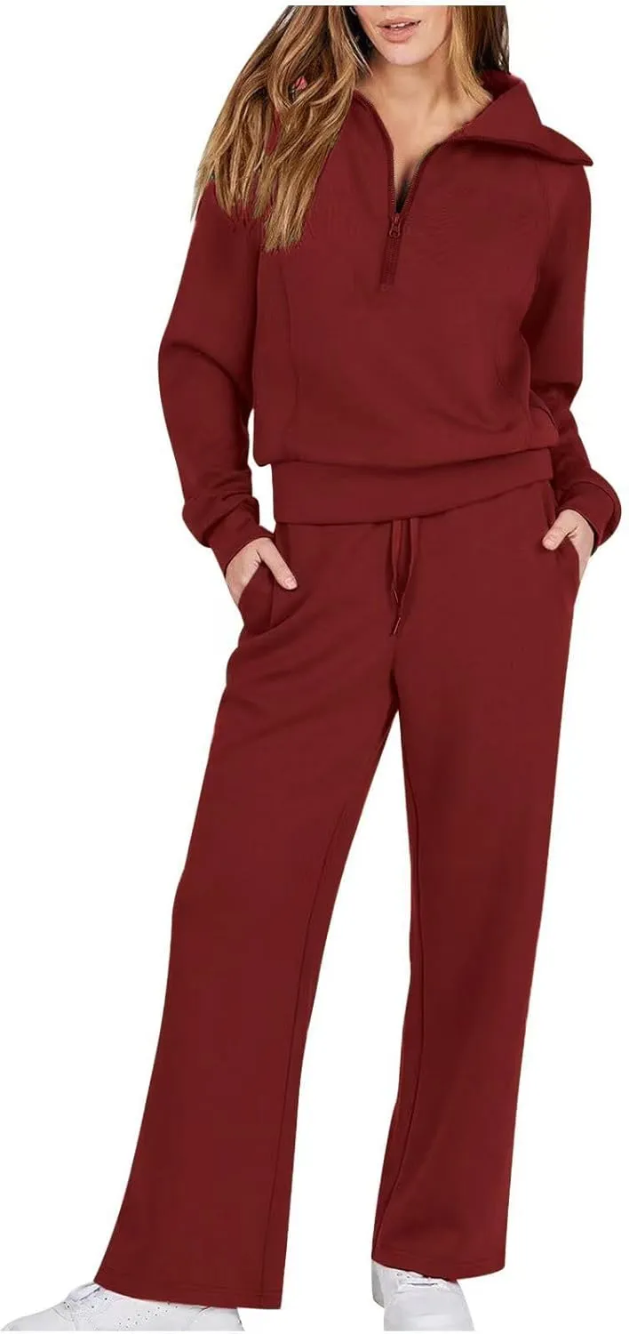 Womens Hooded 2 Piece Sweatsuit Set Trendy Half Zip Solid Tracksuit Outfits Outdoor Sports Casual Y2K Streetwear Sets