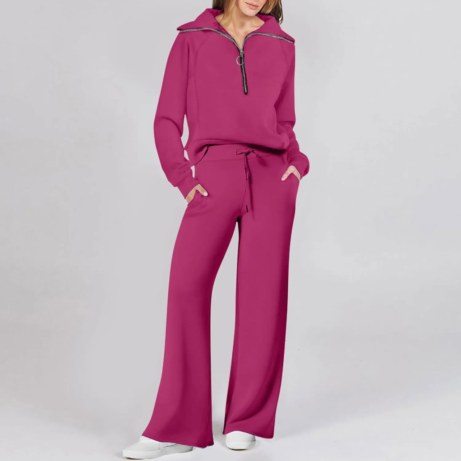 Womens Hooded 2 Piece Sweatsuit Set Trendy Half Zip Solid Tracksuit Outfits Outdoor Sports Casual Y2K Streetwear Sets