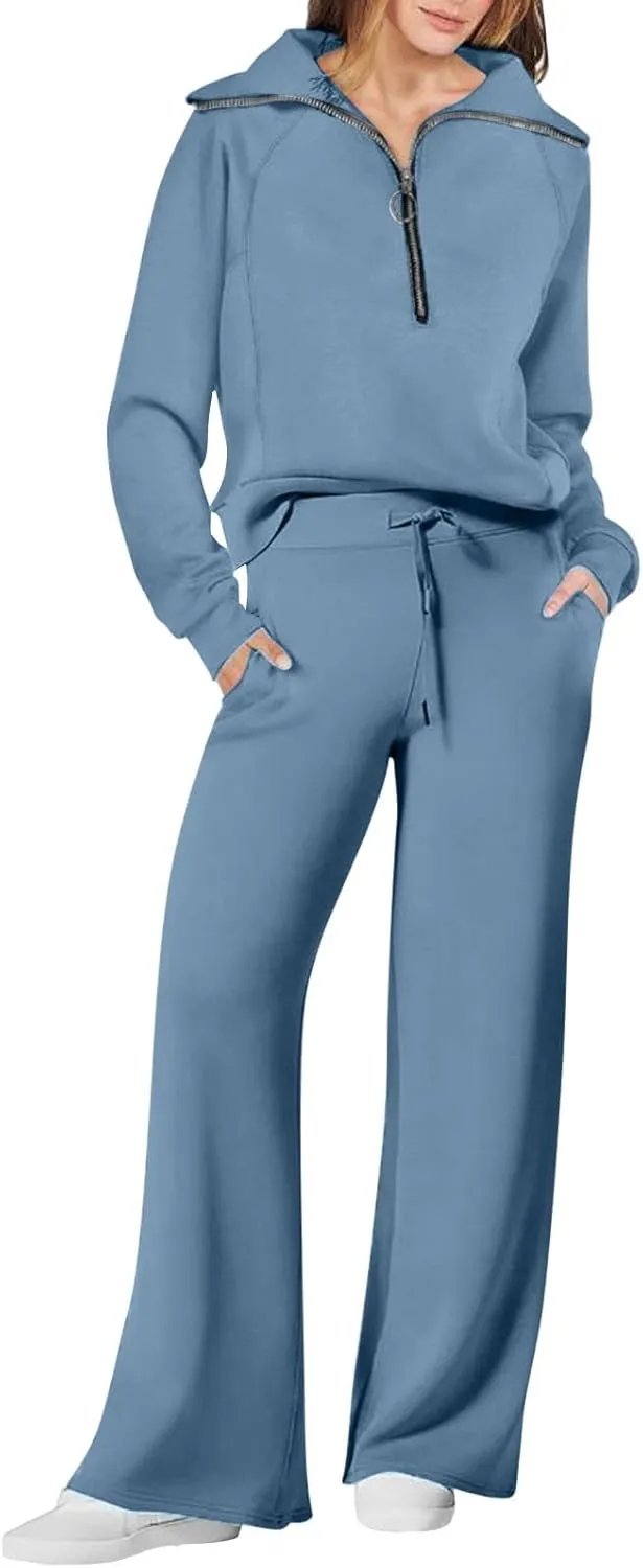 Womens Hooded 2 Piece Sweatsuit Set Trendy Half Zip Solid Tracksuit Outfits Outdoor Sports Casual Y2K Streetwear Sets