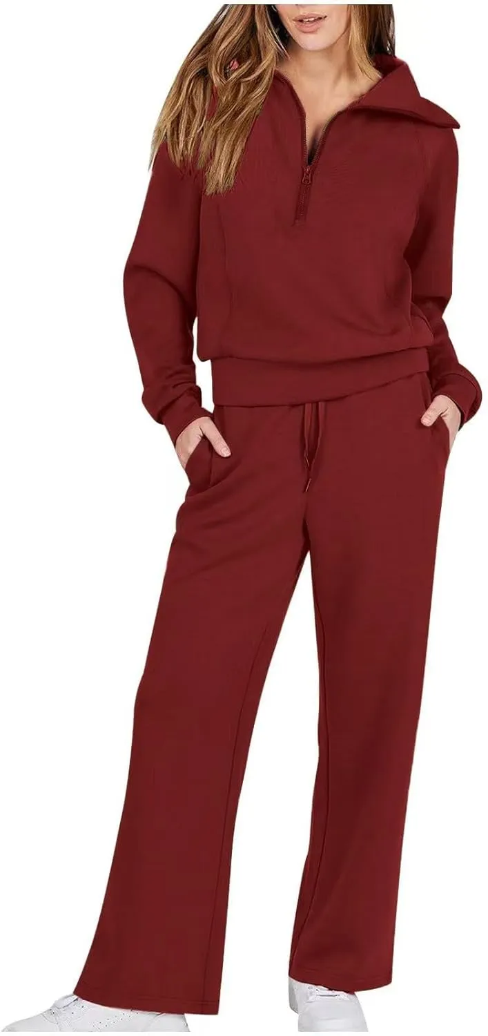 Womens Hooded 2 Piece Sweatsuit Set Trendy Half Zip Solid Tracksuit Outfits Outdoor Sports Casual Y2K Streetwear Sets