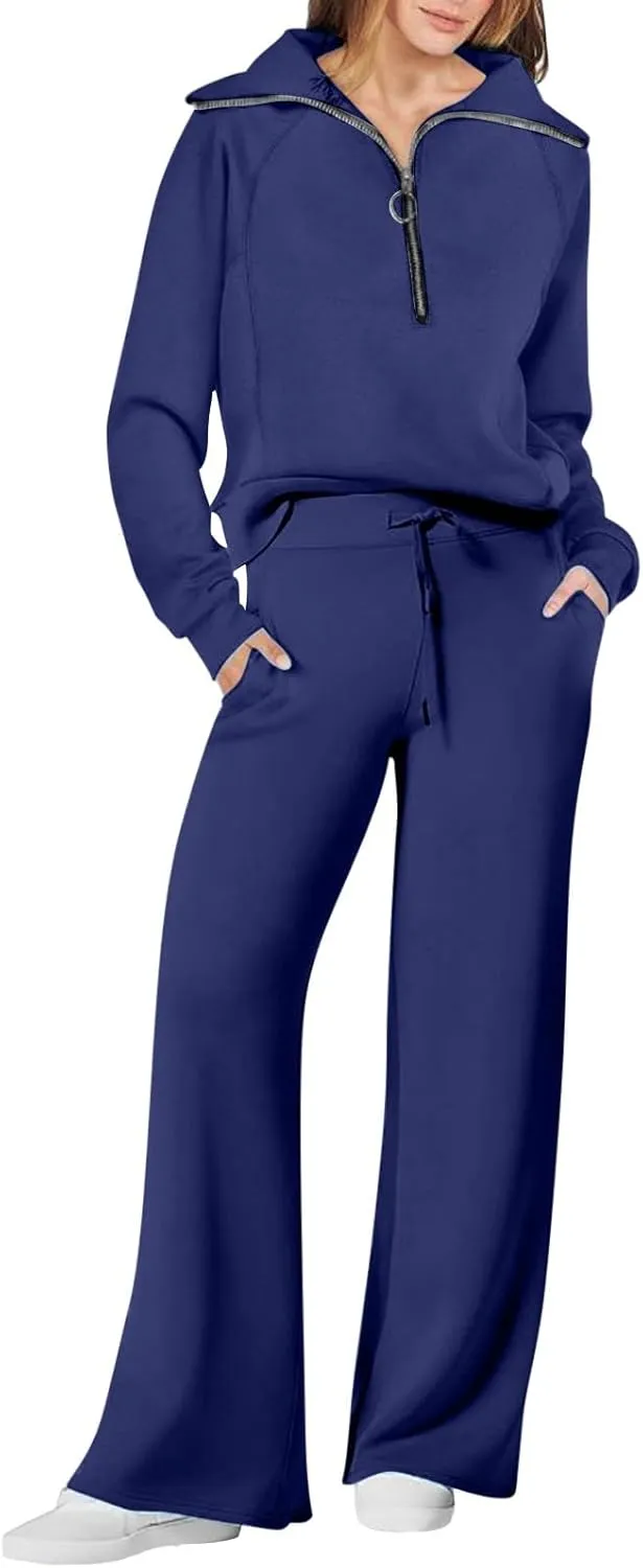Womens Hooded 2 Piece Sweatsuit Set Trendy Half Zip Solid Tracksuit Outfits Outdoor Sports Casual Y2K Streetwear Sets