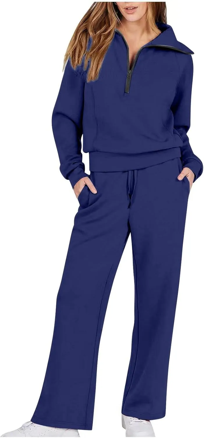Womens Hooded 2 Piece Sweatsuit Set Trendy Half Zip Solid Tracksuit Outfits Outdoor Sports Casual Y2K Streetwear Sets