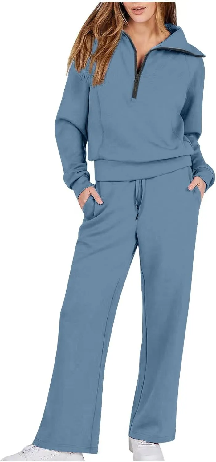 Womens Hooded 2 Piece Sweatsuit Set Trendy Half Zip Solid Tracksuit Outfits Outdoor Sports Casual Y2K Streetwear Sets
