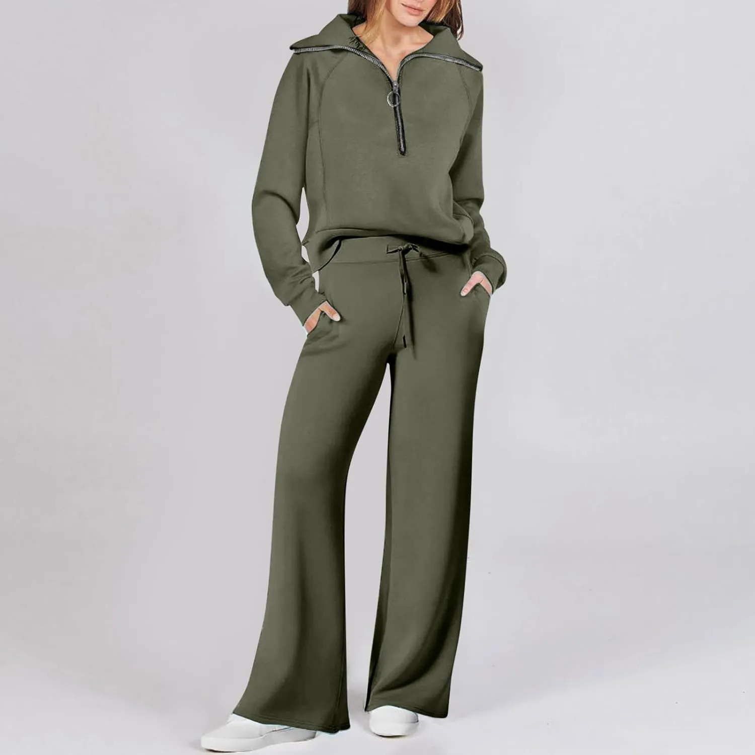 Womens Hooded 2 Piece Sweatsuit Set Trendy Half Zip Solid Tracksuit Outfits Outdoor Sports Casual Y2K Streetwear Sets
