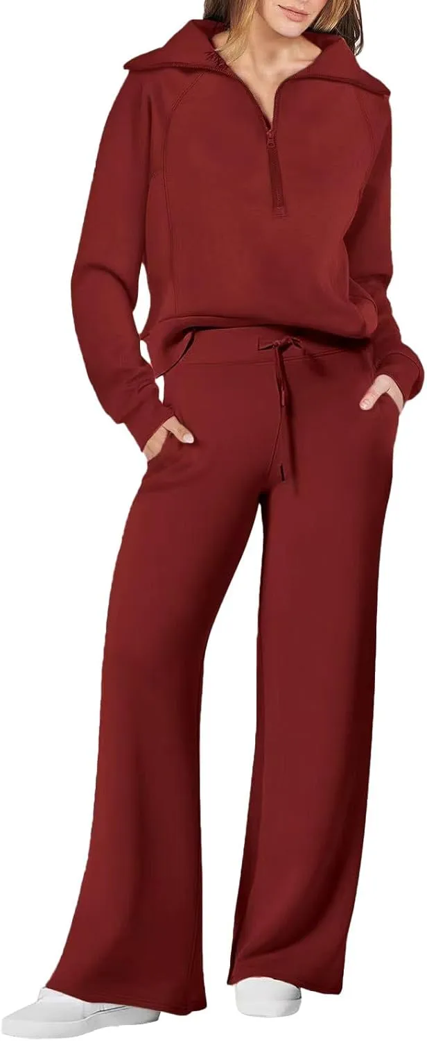 Womens Hooded 2 Piece Sweatsuit Set Trendy Half Zip Solid Tracksuit Outfits Outdoor Sports Casual Y2K Streetwear Sets