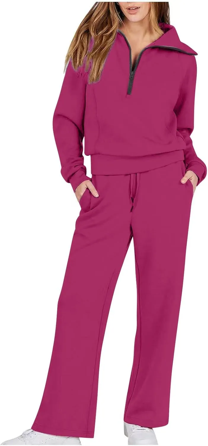 Womens Hooded 2 Piece Sweatsuit Set Trendy Half Zip Solid Tracksuit Outfits Outdoor Sports Casual Y2K Streetwear Sets