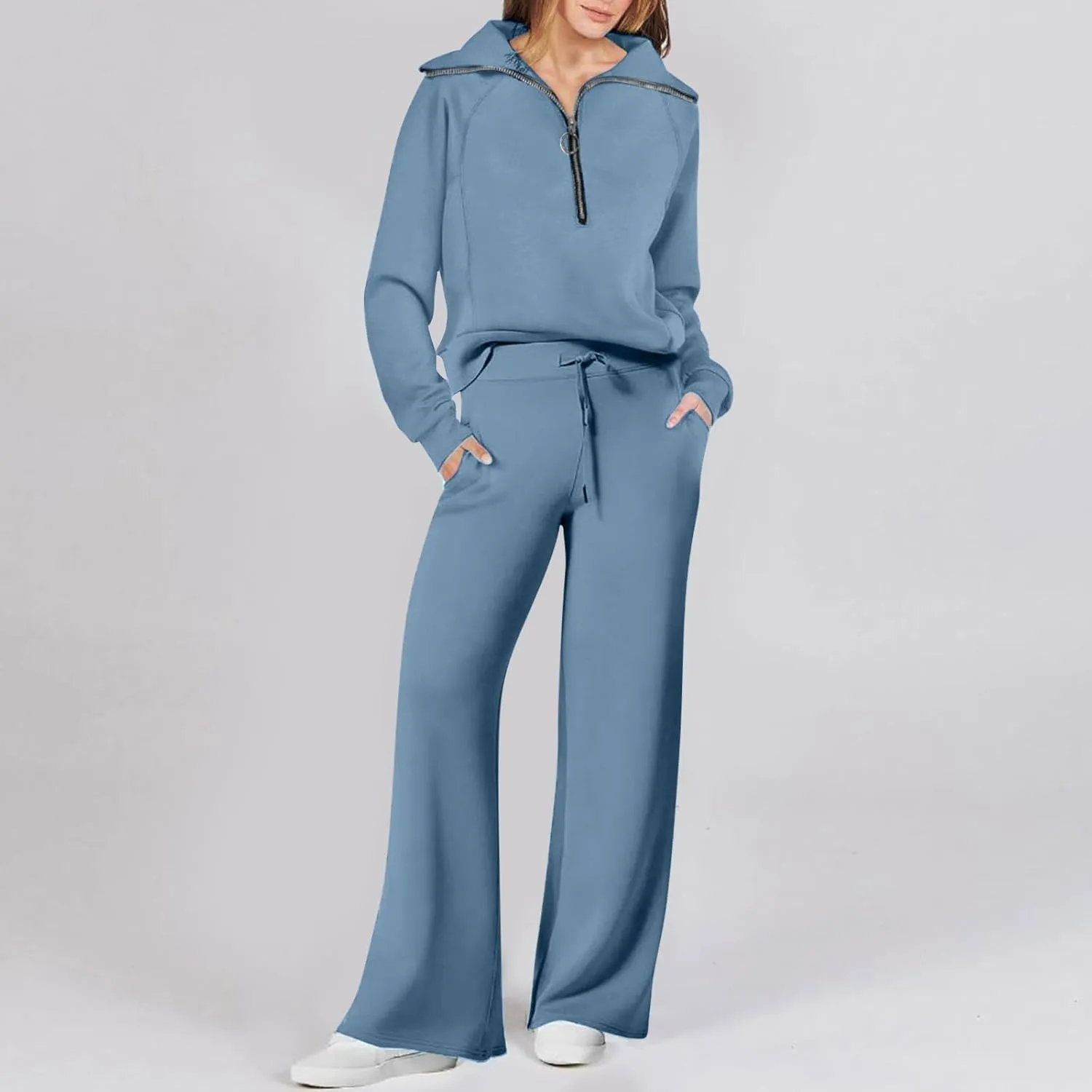 Womens Hooded 2 Piece Sweatsuit Set Trendy Half Zip Solid Tracksuit Outfits Outdoor Sports Casual Y2K Streetwear Sets