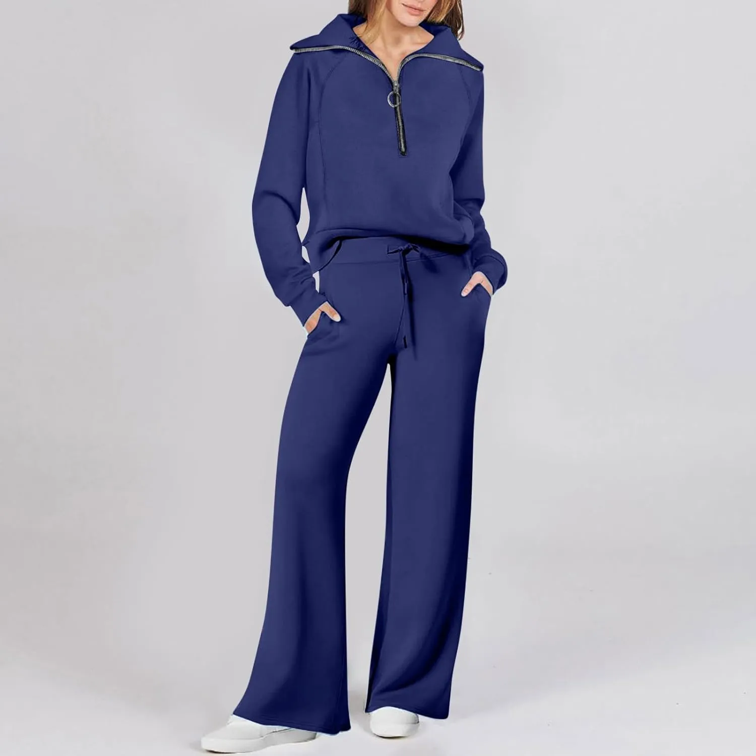 Womens Hooded 2 Piece Sweatsuit Set Trendy Half Zip Solid Tracksuit Outfits Outdoor Sports Casual Y2K Streetwear Sets