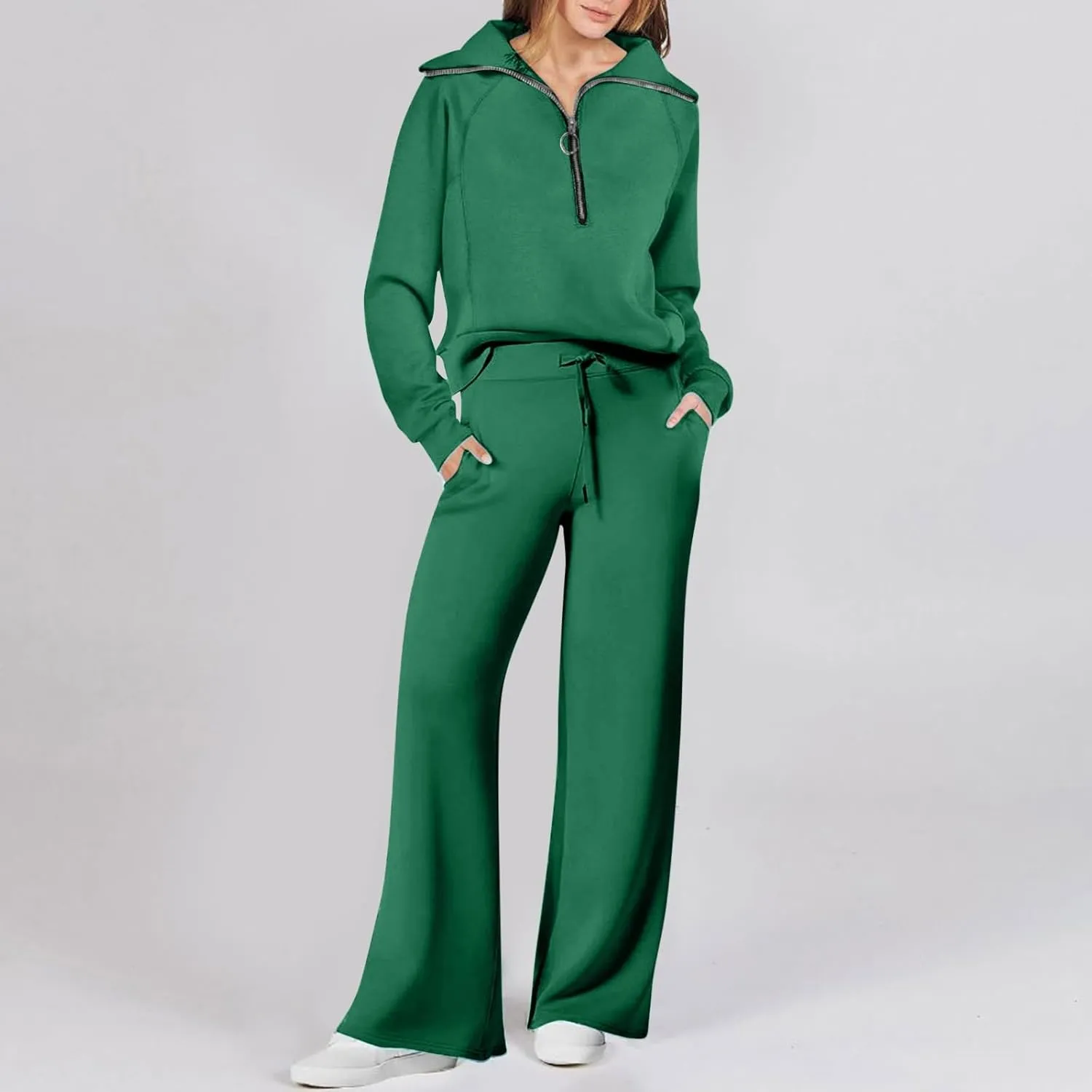 Womens Hooded 2 Piece Sweatsuit Set Trendy Half Zip Solid Tracksuit Outfits Outdoor Sports Casual Y2K Streetwear Sets