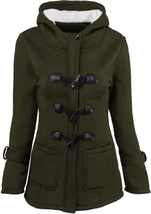 Womens Hooded Coats Fashion Horn Button Thicken Fleece Coat Warm Sherpa Lined Parkas Jacket Winter Casual Outerwear