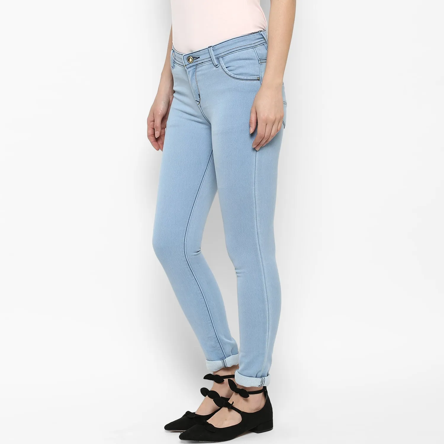 Women's Ice Blue Lycra Denim Distressed Jeans - StyleStone