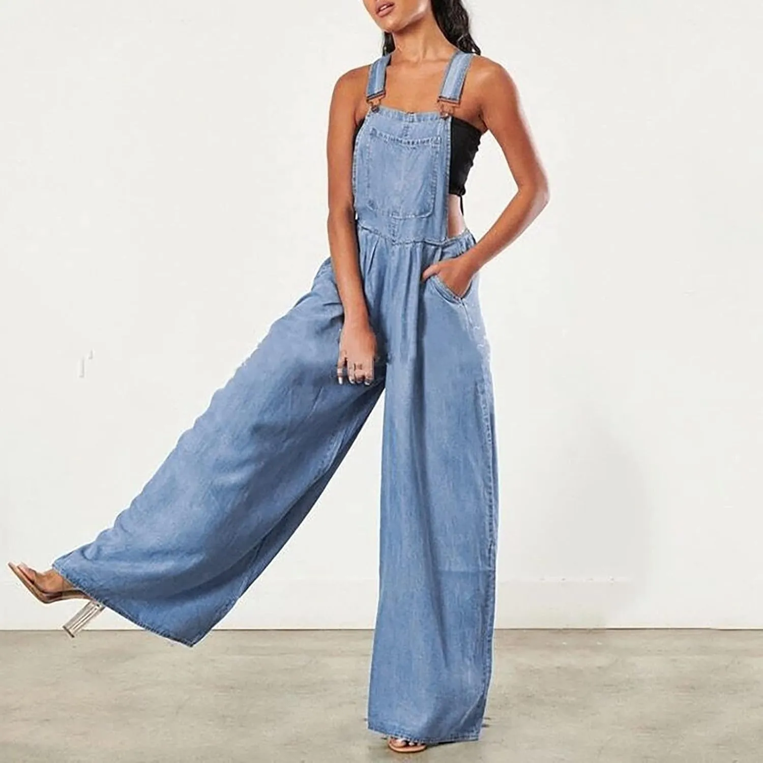 Womens Jumpsuits Casual Denim Overalls Wide Leg Jean Rompers Sleeveless Summer Casual Denim Jumpsuits