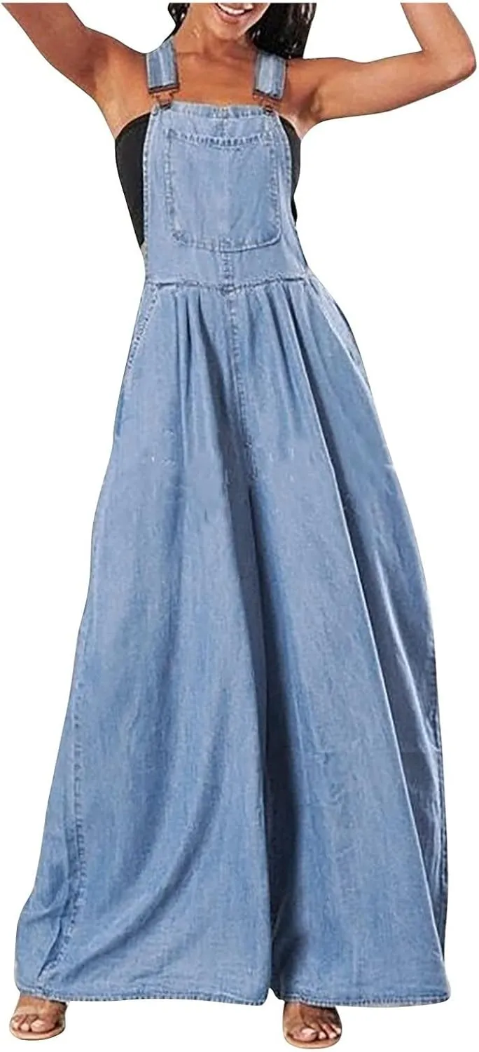 Womens Jumpsuits Casual Denim Overalls Wide Leg Jean Rompers Sleeveless Summer Casual Denim Jumpsuits