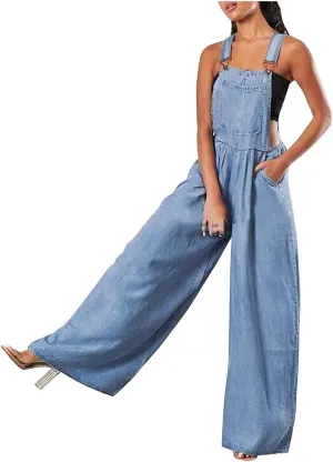 Womens Jumpsuits Casual Denim Overalls Wide Leg Jean Rompers Sleeveless Summer Casual Denim Jumpsuits