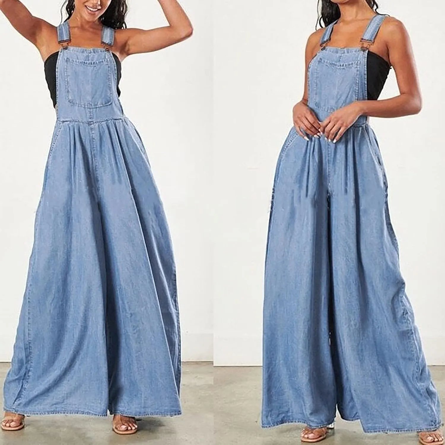 Womens Jumpsuits Casual Denim Overalls Wide Leg Jean Rompers Sleeveless Summer Casual Denim Jumpsuits