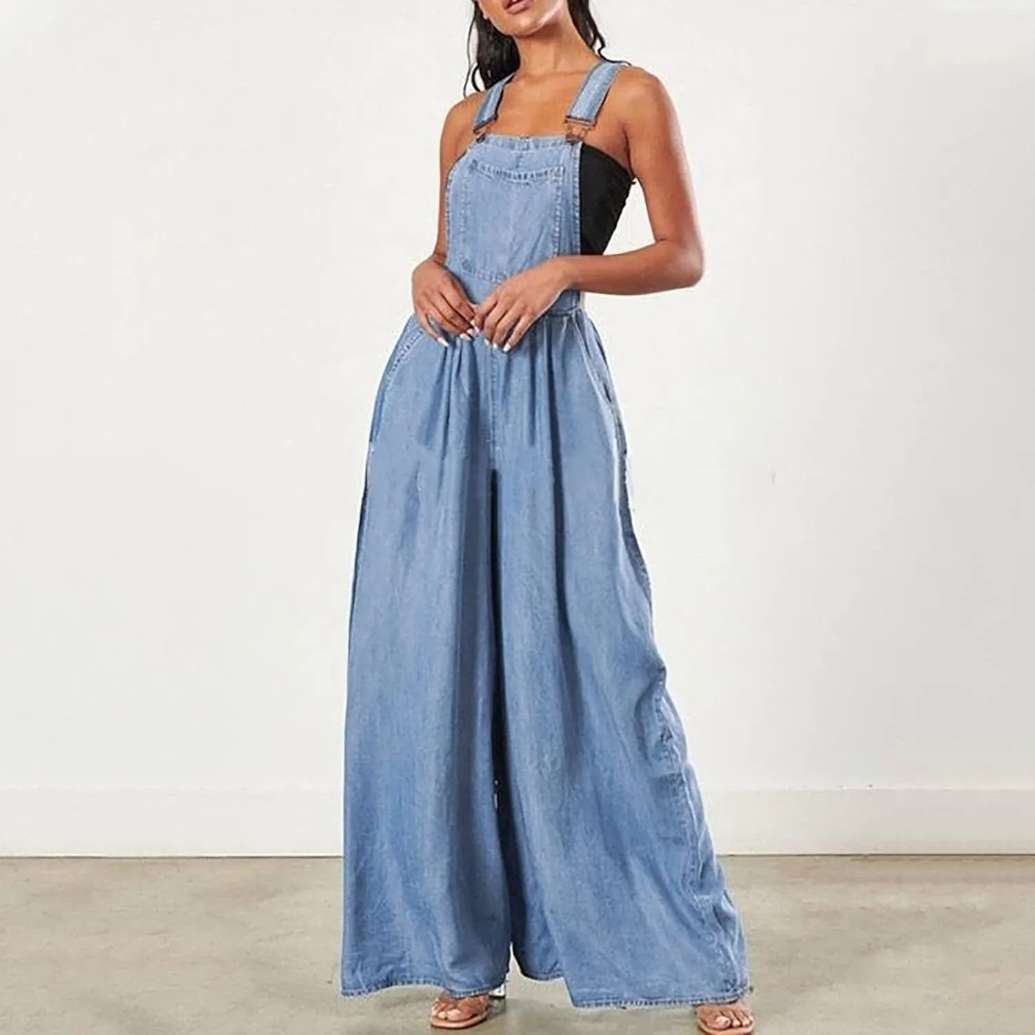 Womens Jumpsuits Casual Denim Overalls Wide Leg Jean Rompers Sleeveless Summer Casual Denim Jumpsuits