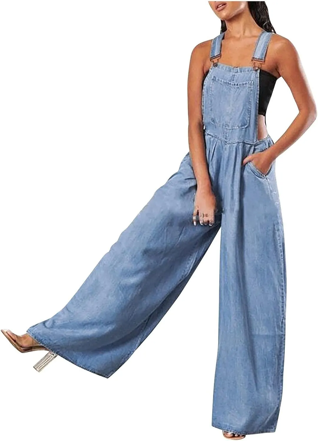 Womens Jumpsuits Casual Denim Overalls Wide Leg Jean Rompers Sleeveless Summer Casual Denim Jumpsuits
