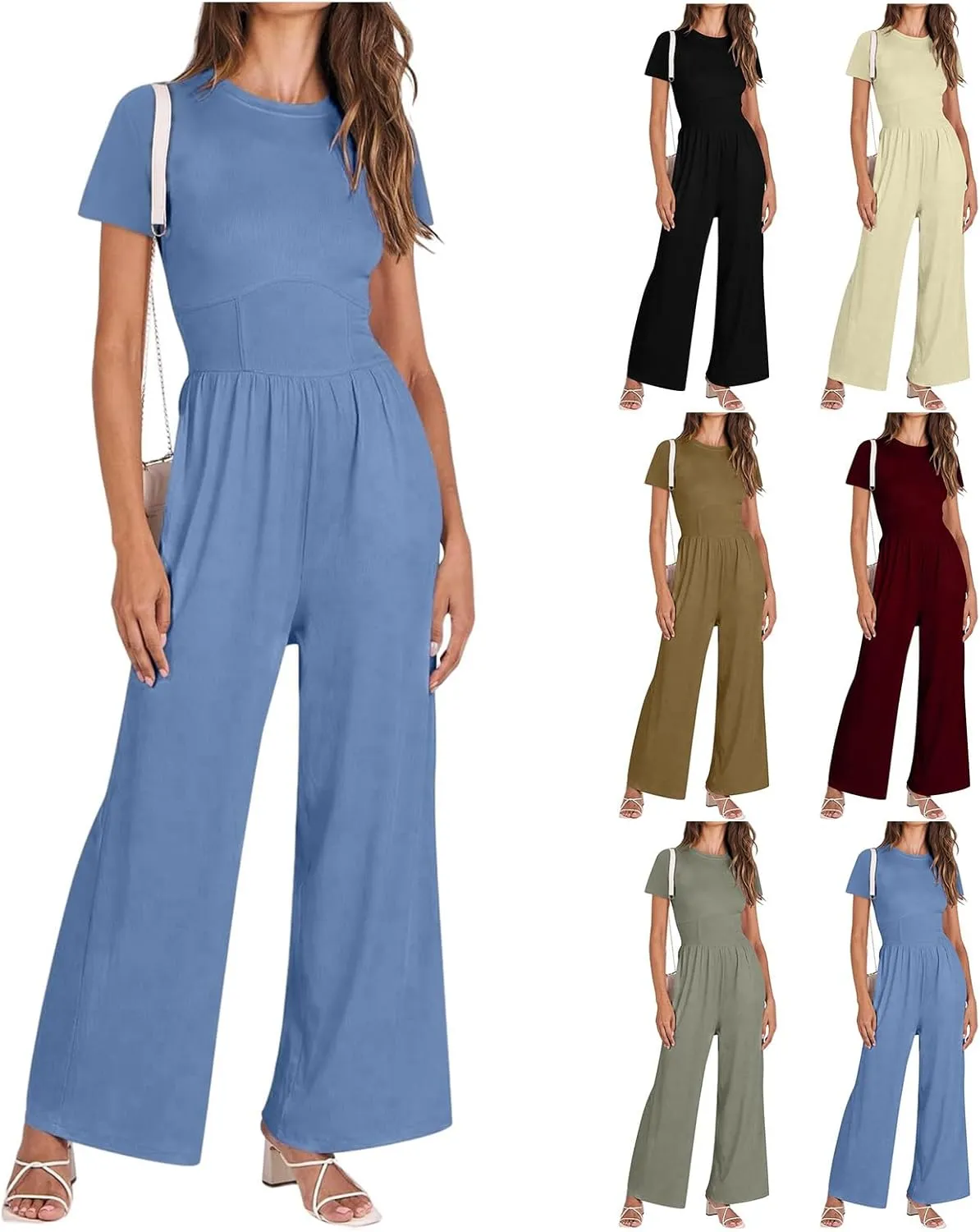 Womens Jumpsuits Summer One Piece Jumpsuits Short Sleeve Crew Neck Rompers Casual Wide Leg Romper Elegant Overalls