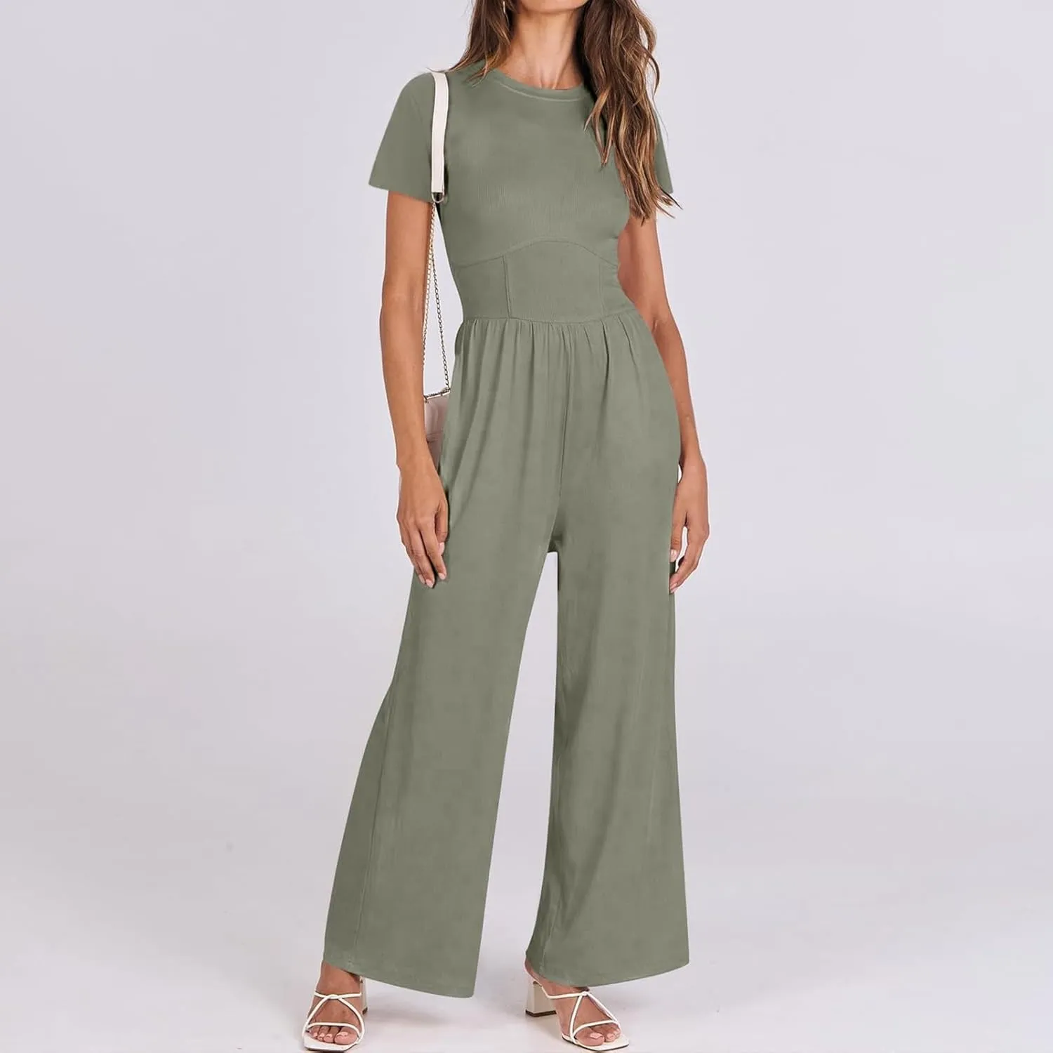 Womens Jumpsuits Summer One Piece Jumpsuits Short Sleeve Crew Neck Rompers Casual Wide Leg Romper Elegant Overalls