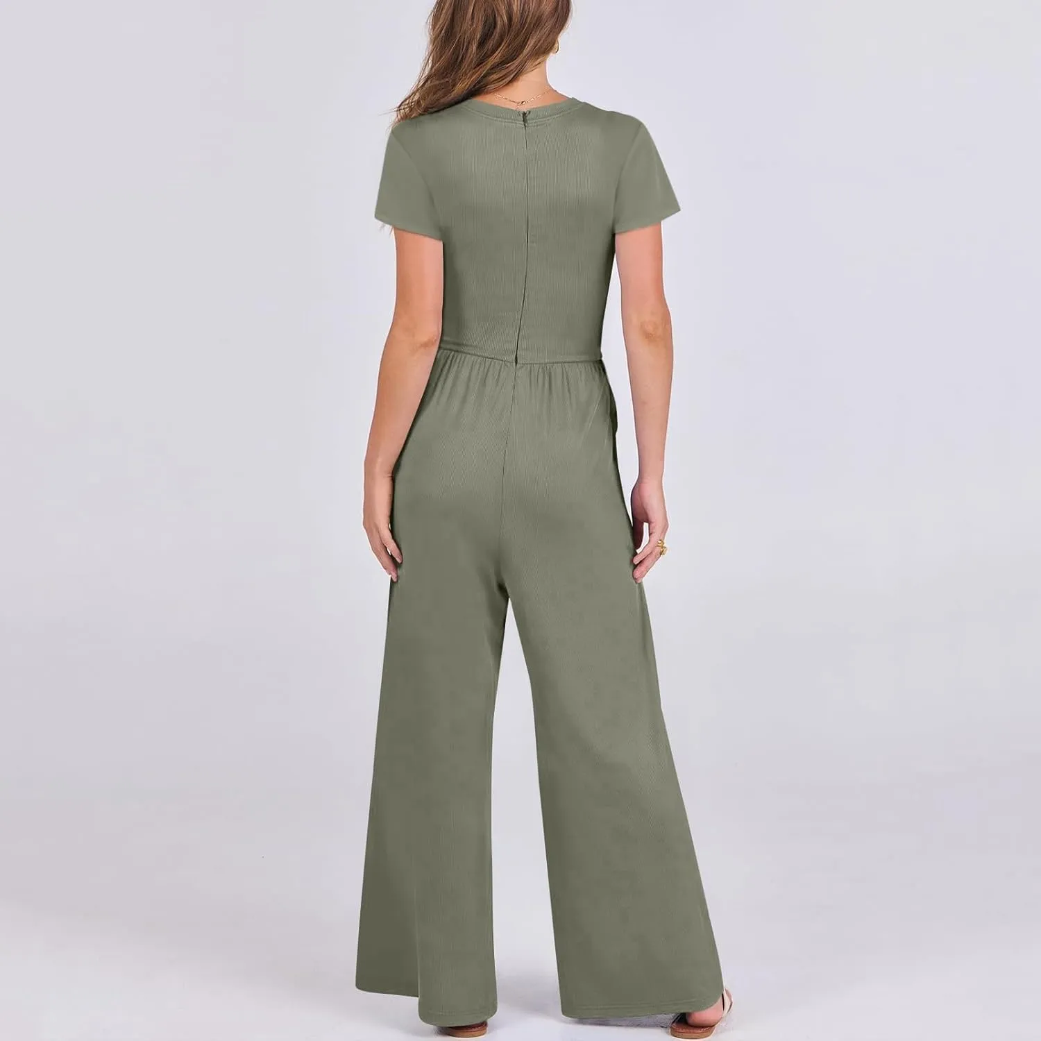 Womens Jumpsuits Summer One Piece Jumpsuits Short Sleeve Crew Neck Rompers Casual Wide Leg Romper Elegant Overalls