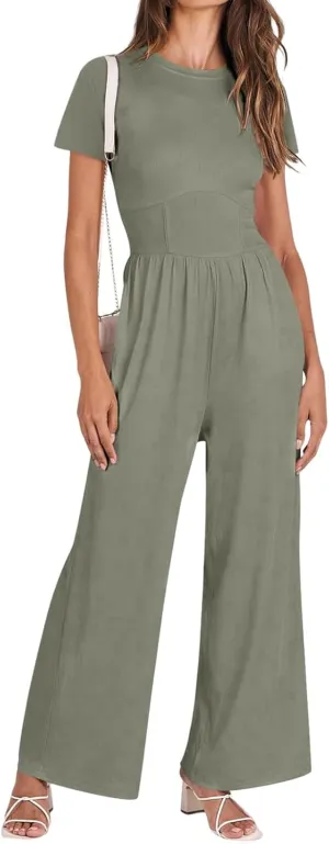 Womens Jumpsuits Summer One Piece Jumpsuits Short Sleeve Crew Neck Rompers Casual Wide Leg Romper Elegant Overalls