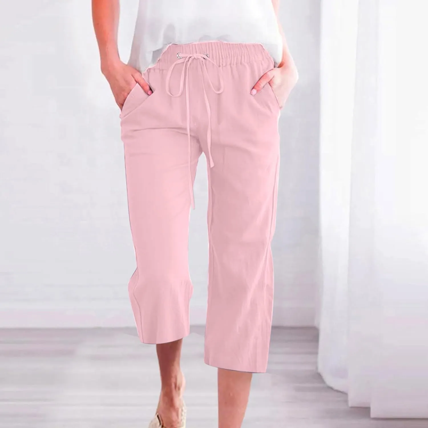 Womens Linen Capri Pants Summer Casual Drawstring Elastic Wasit Cropped Pants Loose Wide Leg Beach Palazzo W/Pockets