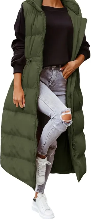Women's Long Quilted Vest Coat Hooded Maxi Length Sleeveless Puffer Vest Padded Coat Winter Vest Outerwear