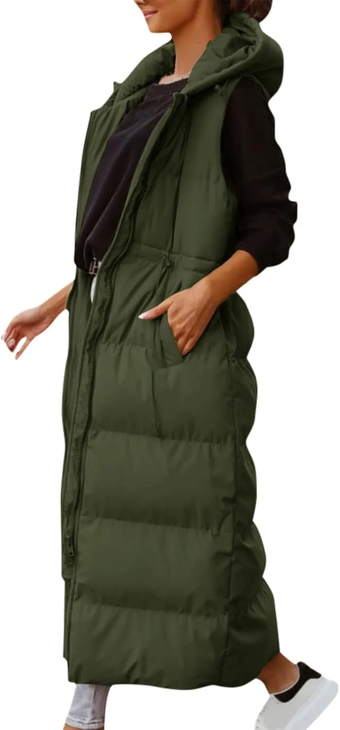 Women's Long Quilted Vest Coat Hooded Maxi Length Sleeveless Puffer Vest Padded Coat Winter Vest Outerwear