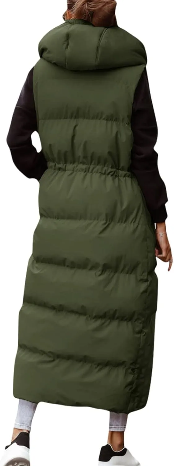 Women's Long Quilted Vest Coat Hooded Maxi Length Sleeveless Puffer Vest Padded Coat Winter Vest Outerwear