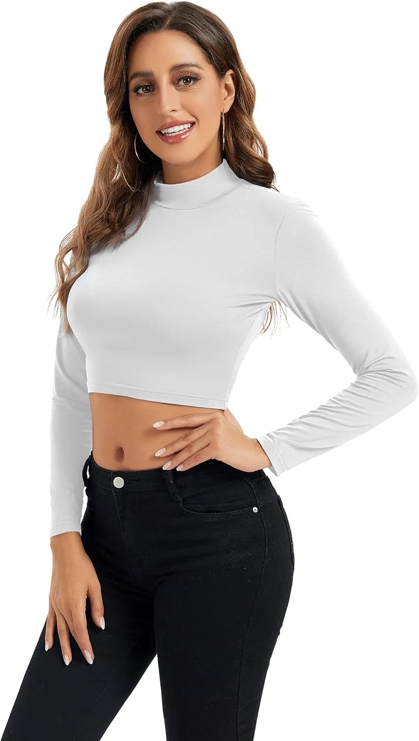 Womens Long Sleeve Crop Tops Lightweight Mock Neck Base Layer Shirts