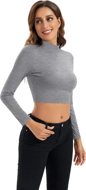 Womens Long Sleeve Crop Tops Lightweight Mock Neck Base Layer Shirts