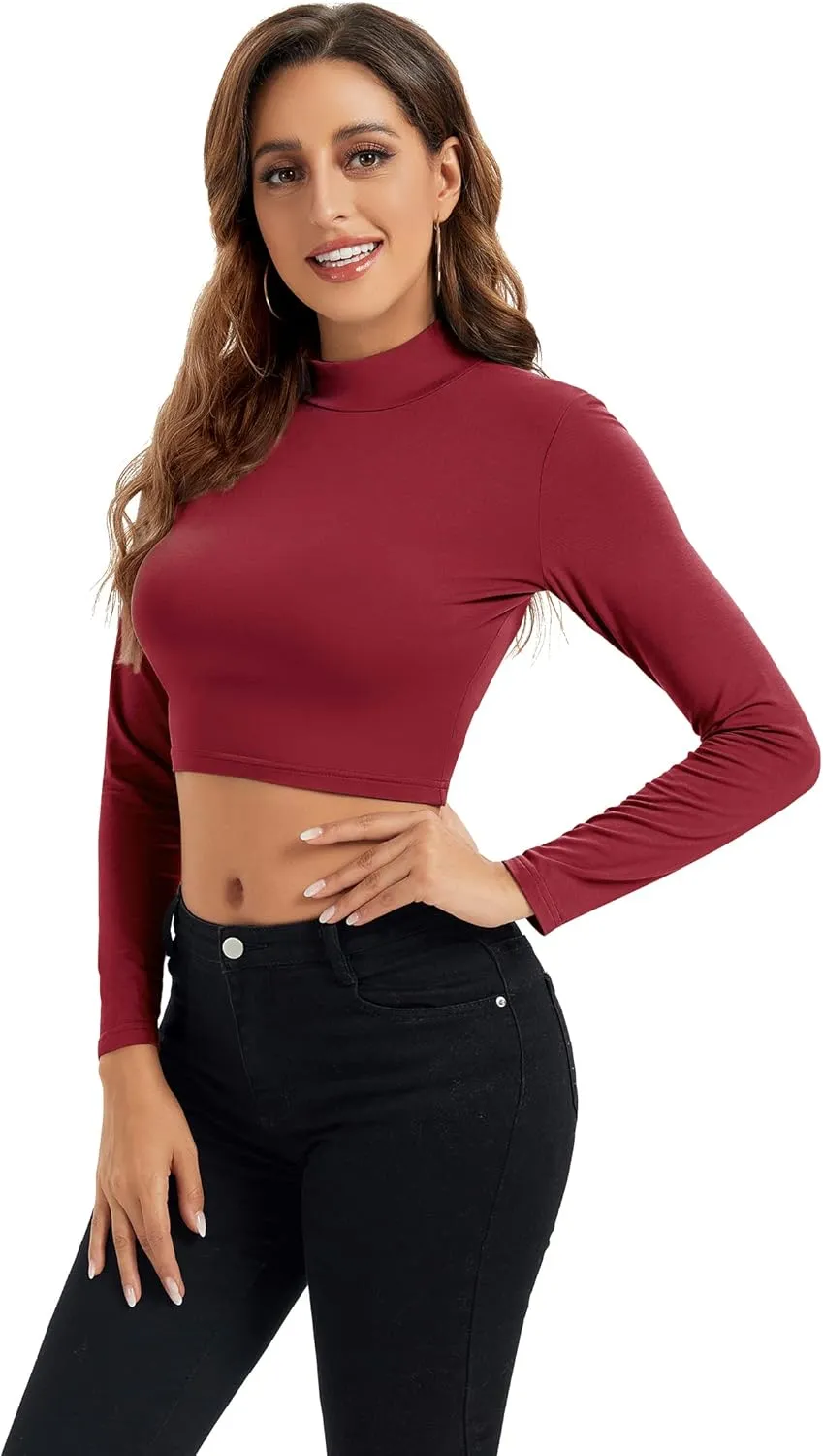Womens Long Sleeve Crop Tops Lightweight Mock Neck Base Layer Shirts