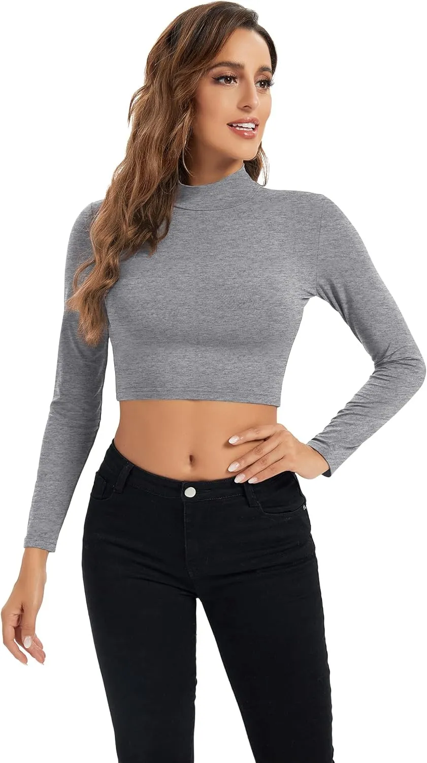 Womens Long Sleeve Crop Tops Lightweight Mock Neck Base Layer Shirts
