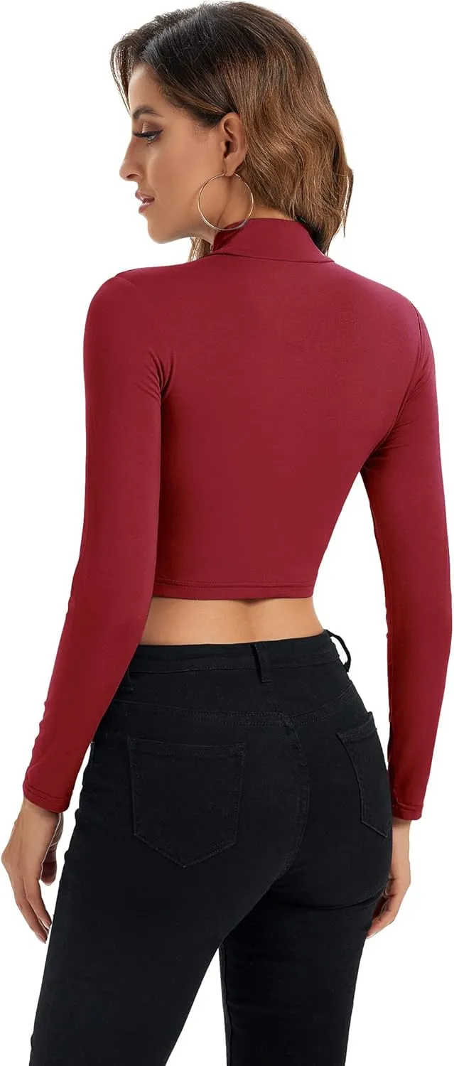 Womens Long Sleeve Crop Tops Lightweight Mock Neck Base Layer Shirts