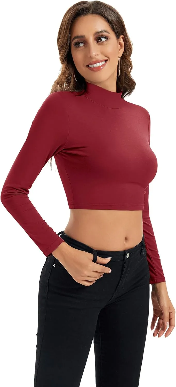 Womens Long Sleeve Crop Tops Lightweight Mock Neck Base Layer Shirts