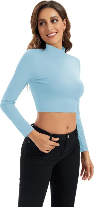 Womens Long Sleeve Crop Tops Lightweight Mock Neck Base Layer Shirts