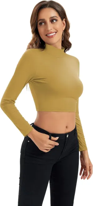 Womens Long Sleeve Crop Tops Lightweight Mock Neck Base Layer Shirts