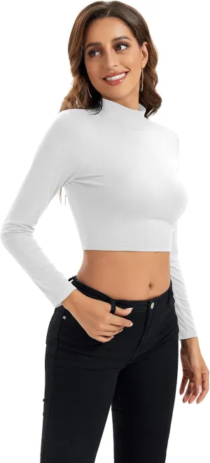 Womens Long Sleeve Crop Tops Lightweight Mock Neck Base Layer Shirts