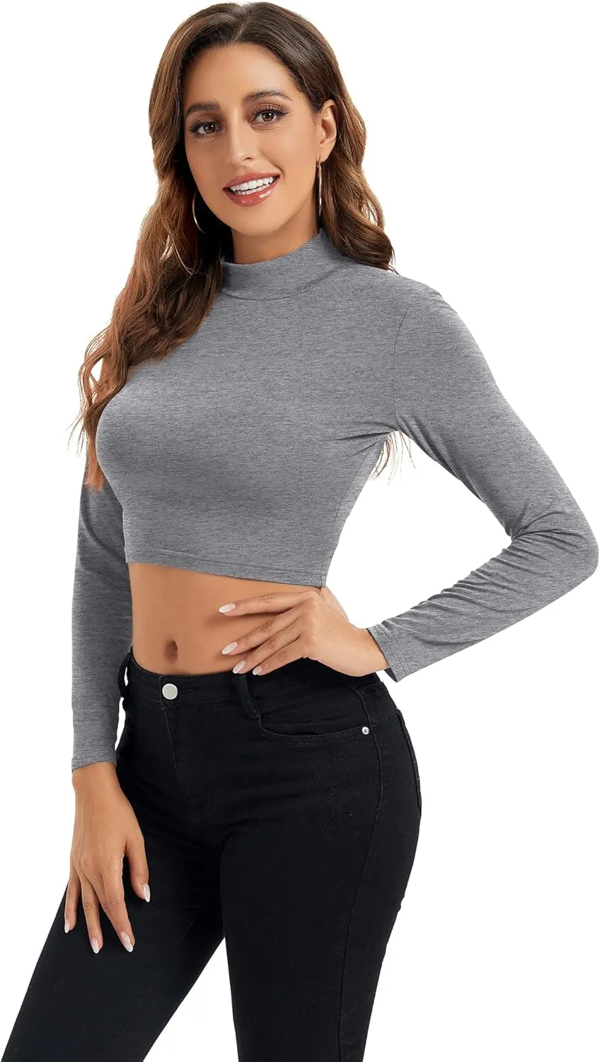 Womens Long Sleeve Crop Tops Lightweight Mock Neck Base Layer Shirts